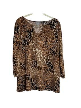 Chicos Travelers Womens Top L Brown Leopard Baroque Chain Neck Slinky Knit